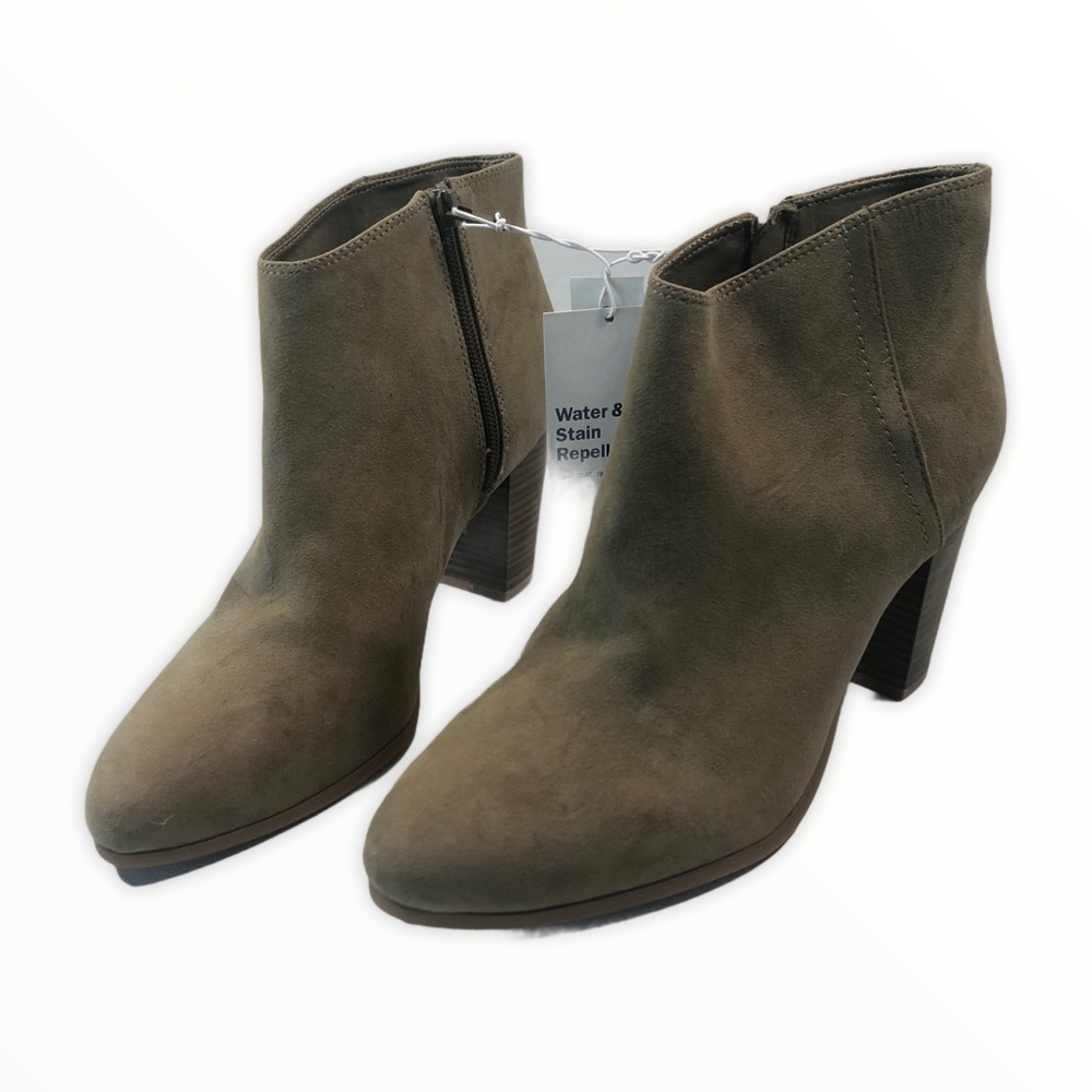 Old Navy New Beige Tan Ankle Bootie Heels, Side Zip, Faux Suede Bootie Sz 9